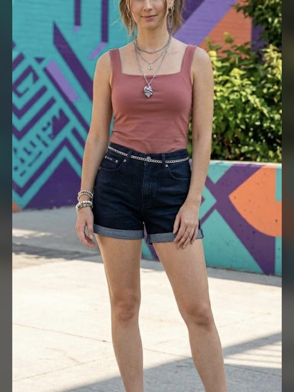 Calvin Klein Dark Blue Denim Shorts With Square Neck Terracota Color Top